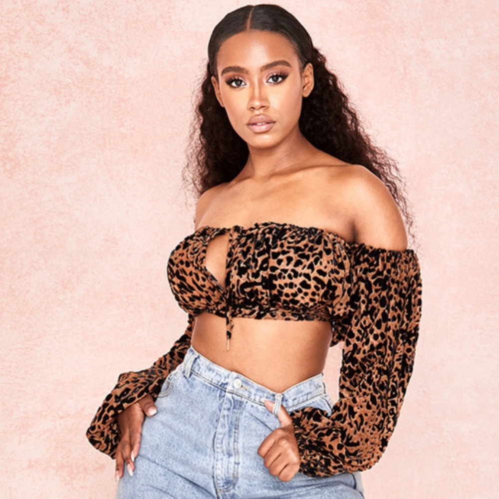 House of CB Zoey BLACK TAN PRINTED DEVORE BARDOT TOP